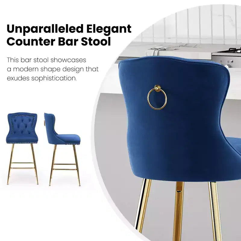 PexFix Lot de 2 tabourets de bar en velours, hauteur comptoir, pieds en métal, dossier ailé capitonné avec boutons et clous décoratifs, couleur bleue
