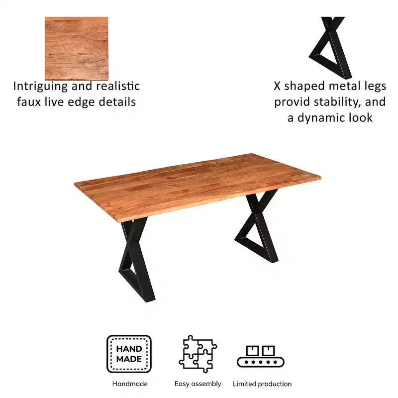 Table à manger rectangulaire Royal Hampton de 67 pouces avec pieds en métal croisés et plateau en bois d'acacia aspect bois naturel