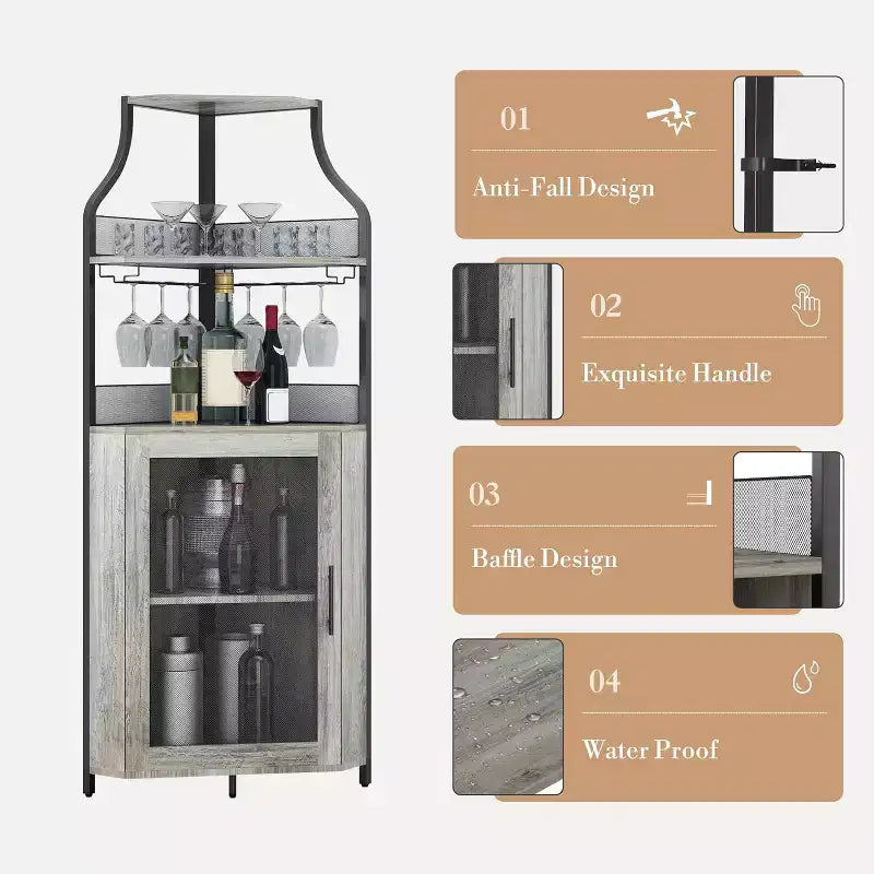 Meuble de bar d'angle CuisinSmart avec casier à vin amovible, meuble de bar avec porte-verres, petit buffet et armoire de rangement avec porte grillagée