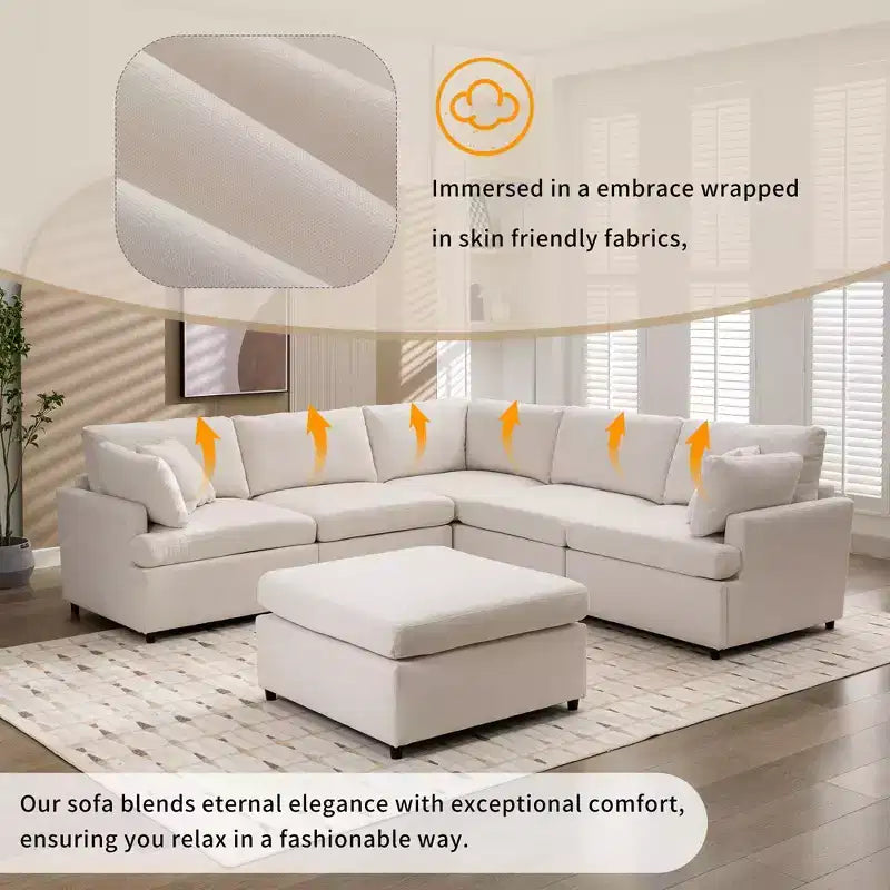 Canapé sectionnel convertible en U Okak avec pouf mobile, canapé rembourré moderne à 6 places pour salon, appartement