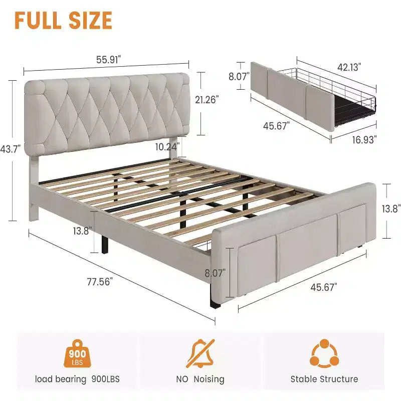 Cadre de lit plateforme capitonné beige DobleePy avec tiroirs de rangement, support à lattes en bois, pas besoin de sommier, assemblage facile