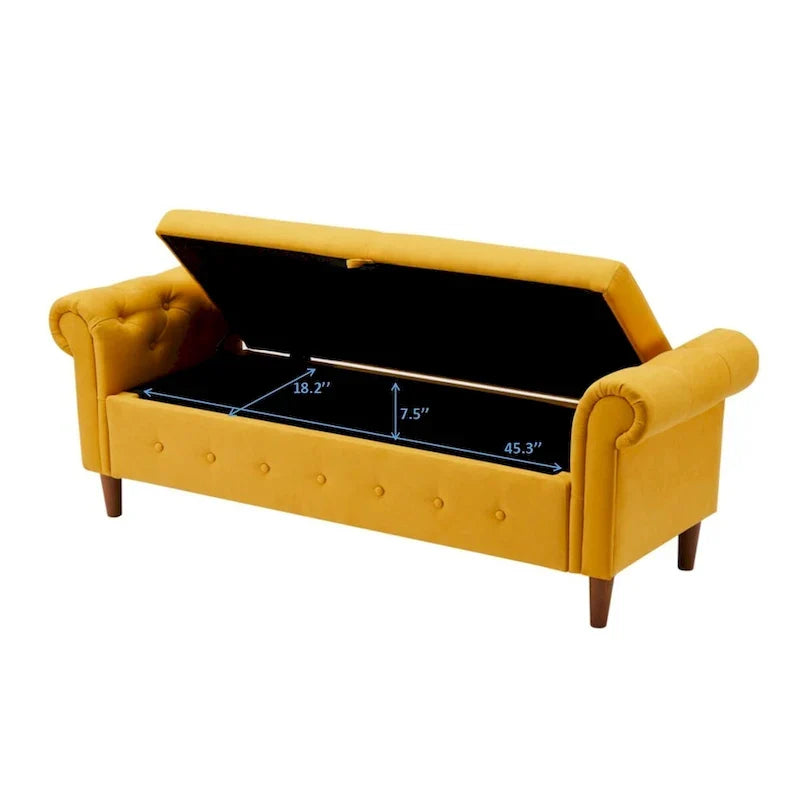 Banc de rangement pour chambre, bout de lit, accoudoirs roulés, canapé ottoman en velours, long banc
