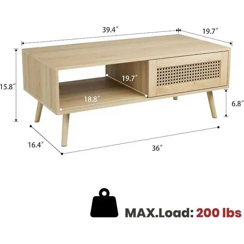 39.4 Table basse bohème en rotin, table de salon moderne en bois avec porte coulissante et étagère de rangement ouverte, patins antidérapants
