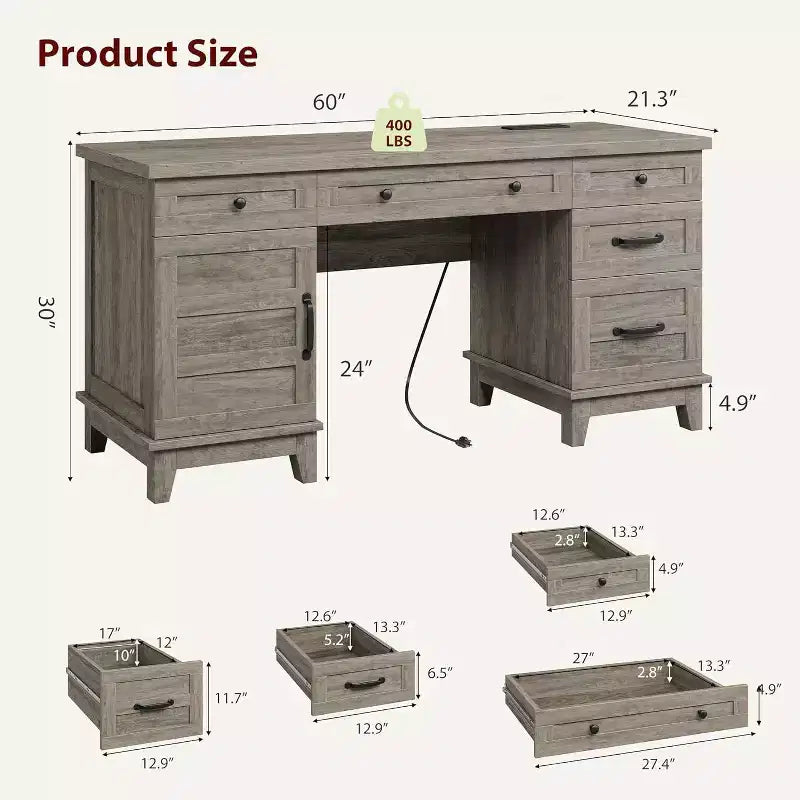 Bureau de direction de 152 cm avec tiroirs, bureau d'ordinateur avec station de charge, bureau d'écriture en bois pour étude, table de conférence pour salon