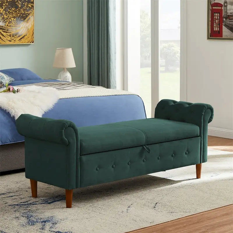 Banc de rangement pour chambre, bout de lit, accoudoirs roulés, canapé ottoman en velours, long banc