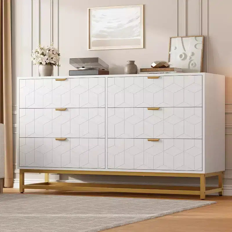 Commode Blanche à 6 Tiroirs DobleePy avec Pieds en Métal Doré, Grande Commode de Rangement de 136 cm de Large pour Chambre, Salon, Entrée
