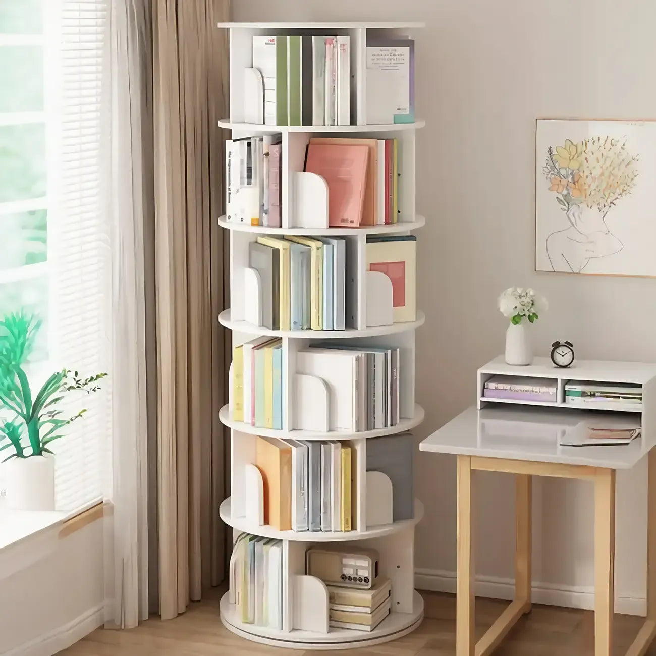 Bibliothèque cylindrique en bois brun à dos ouvert et rotative