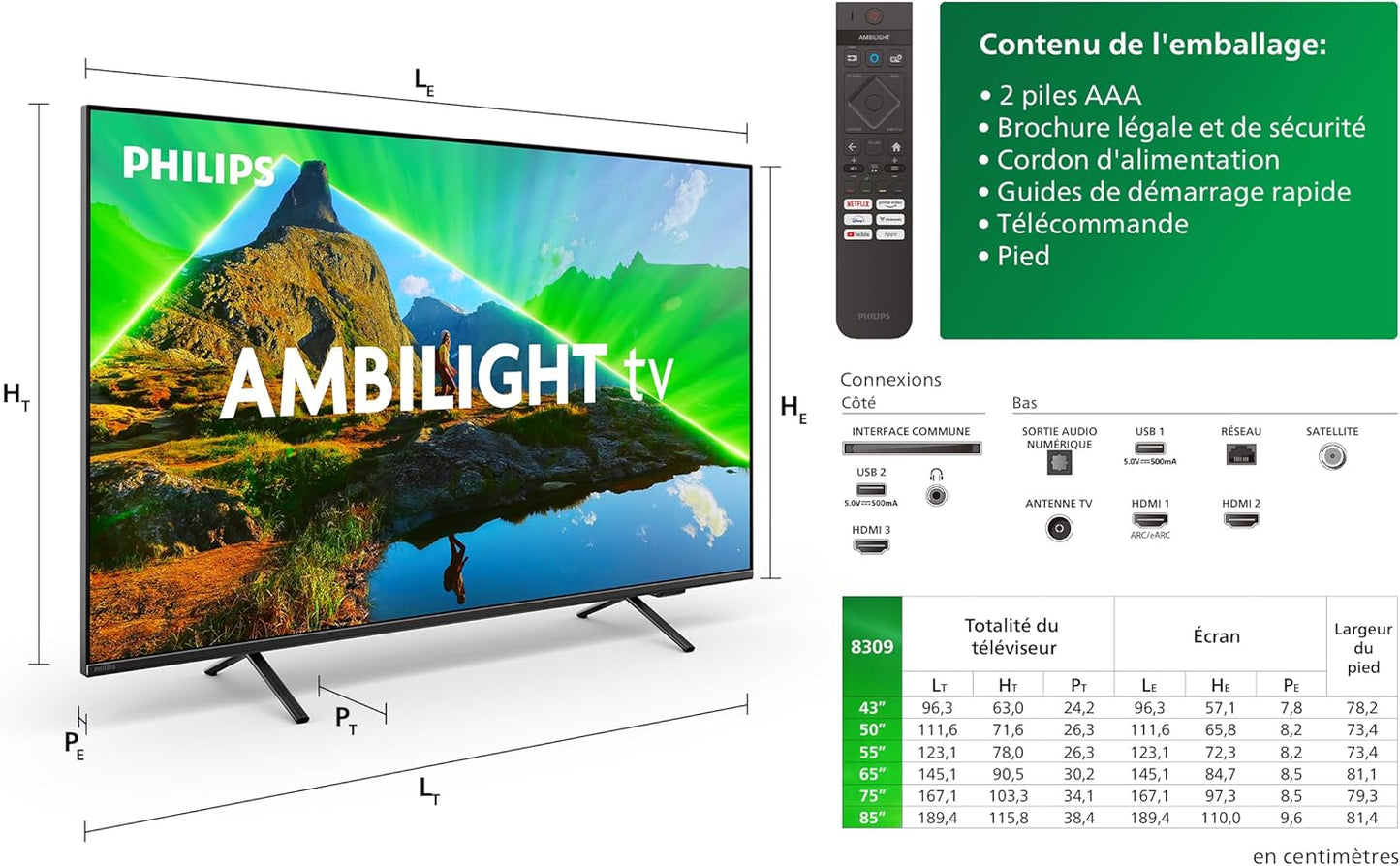 Philips 8000 series 50PUS8309/12 Fernseher 127 cm (50") 4K Ultra HD Smart-TV WLAN Schwarz 350 cd/m? (50PUS8309/12) [Classe énergétique G]