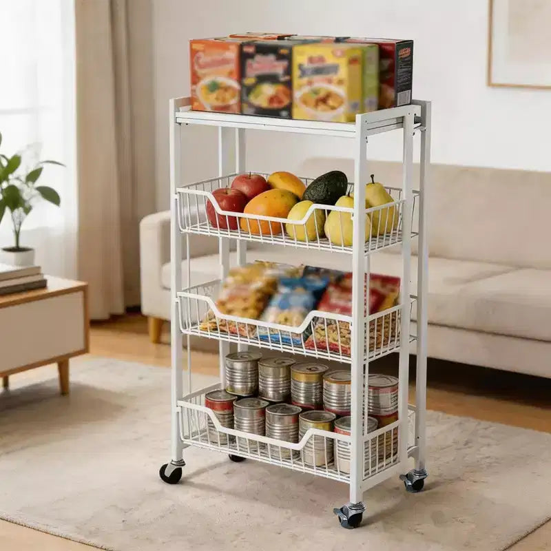 Chariot de Rangement de Cuisine Pliable à 3 Niveaux, Cadre et Étagères en Fer, Organisateur de Garde-Manger Gain de Place pour Fruits, Collations, Chariot de Service avec Roulettes Verrouillables