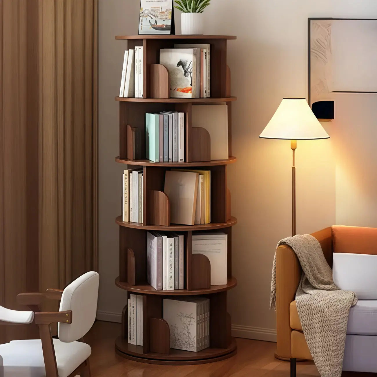 Bibliothèque cylindrique en bois brun à dos ouvert et rotative