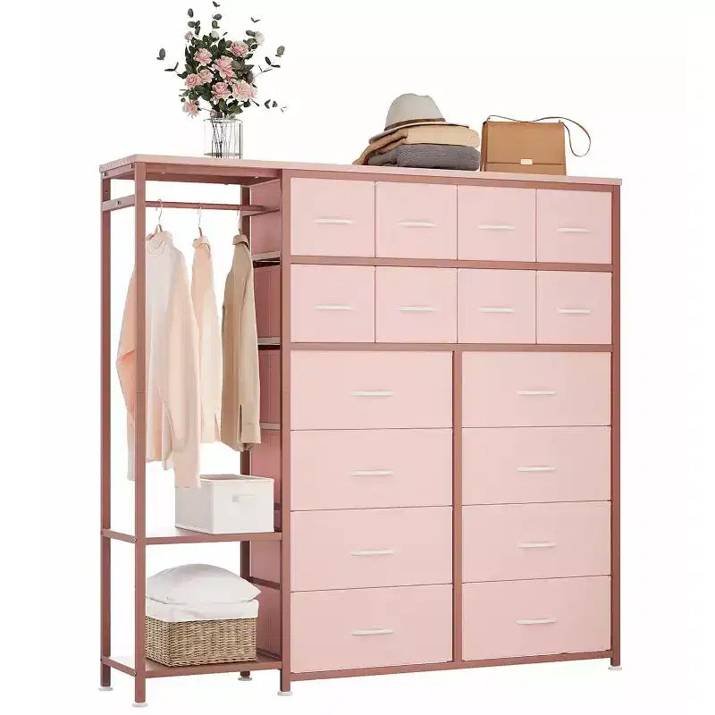 Commode de rangement avec 16 tiroirs, tringle à vêtements et étagères, organisateur de rangement en tissu pour chambre à coucher, placard ou entrée