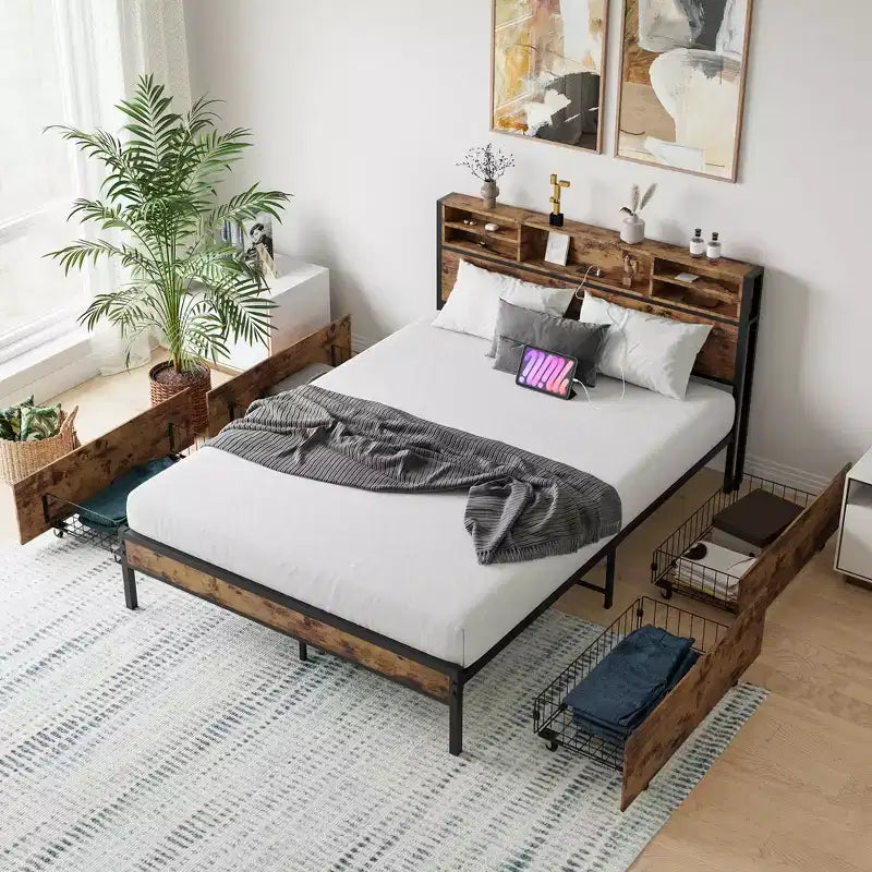 MAYEERTY Lit Plateforme Marron en Métal Taille Queen avec Cadre 4 Tiroirs de Rangement Tête de Lit en Bois Station de Recharge Pas de Sommier Tapissier Sans Bruit Assemblage Facile