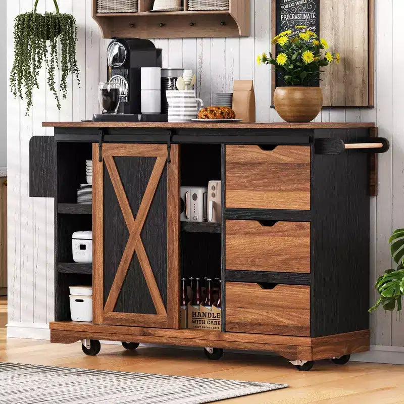 Îlot de cuisine de ferme Whisen 55.5 avec abattant, porte coulissante et station de recharge, design roulant