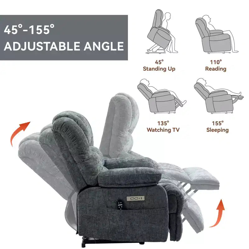 CLIHOME Fauteuil inclinable électrique releveur en chenille grande taille, largeur d'assise 23 pouces et dossier haut, avec massage vibrant 8 points et chauffage lombaire