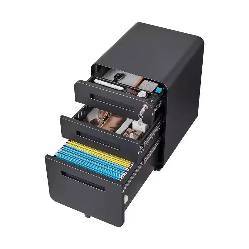 Meuble Classeur Mobile à 3 Tiroirs avec Serrure C Entièrement Assemblé Rangement Sous-Bureau pour Dossiers A4/Lettre/Légal, Conception en Métal Roulant à 5 Roues