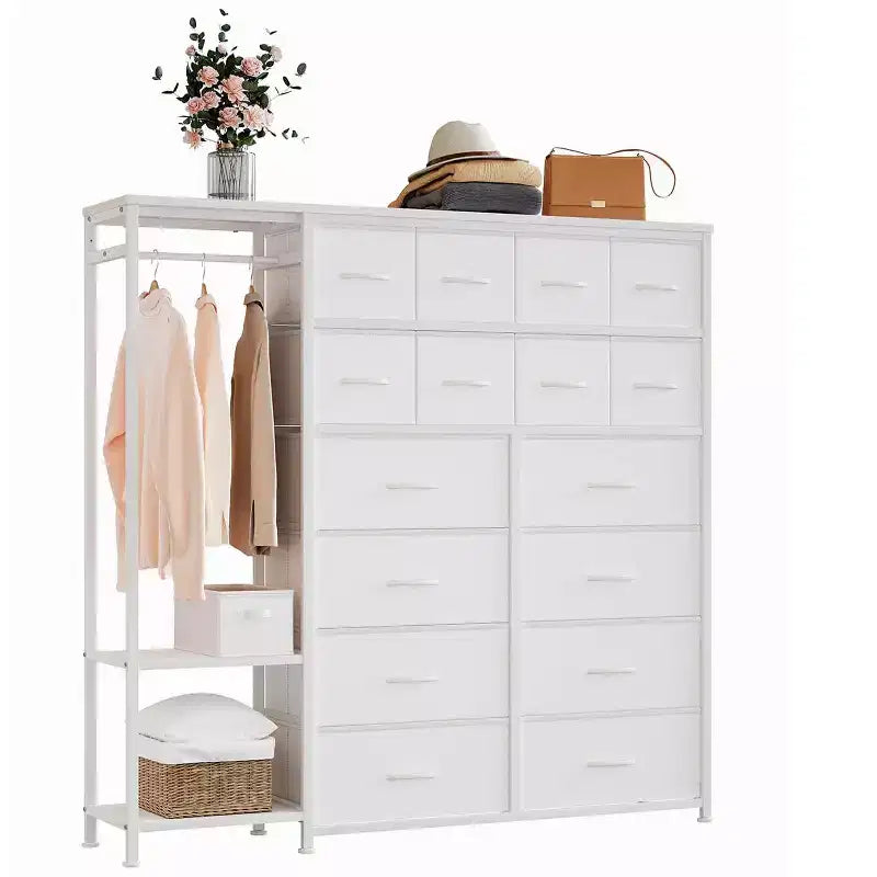 Commode de rangement avec 16 tiroirs, tringle à vêtements et étagères, organisateur de rangement en tissu pour chambre à coucher, placard ou entrée