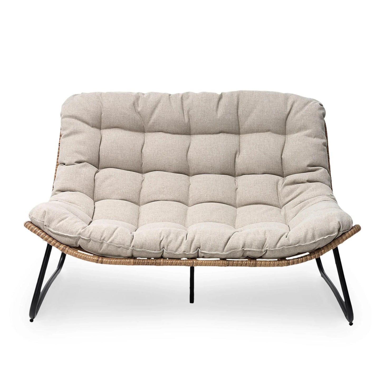 Causeuse double Papasan avec coussin, rotin PE tout temps et cadre en métal pour l'intérieur et l'extérieur