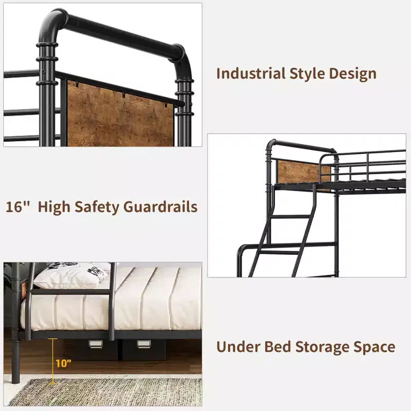 Lit superposé double avec lit inférieur double et barrière de sécurité haute, lits superposés convertibles en métal de taille double pour enfants/adolescents, montage facile, aucun sommier tapissier requis