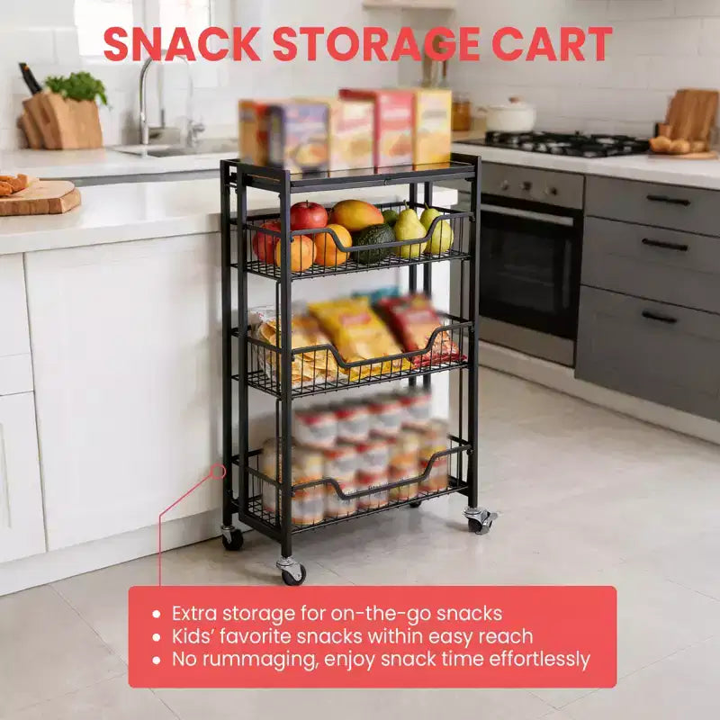 Chariot de Rangement de Cuisine Pliable à 3 Niveaux, Cadre et Étagères en Fer, Organisateur de Garde-Manger Gain de Place pour Fruits, Collations, Chariot de Service avec Roulettes Verrouillables