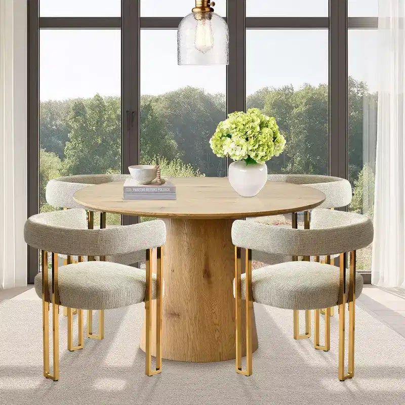 Ensemble table à manger ronde extensible en ovale avec 4 fauteuils en velours, design piédestal moderne, jusqu'à 8 personnes - Panipeachy
