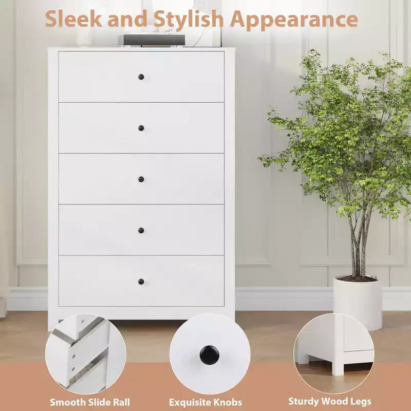 Commode moderne à 5 tiroirs avec rangement profond, coffre en bois élégant pour chambre à coucher, salon, entrée, offrant un grand espace pour une décoration intérieure organisée