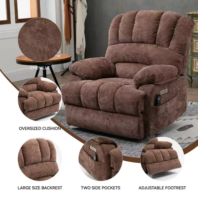 CLIHOME Fauteuil inclinable électrique releveur en chenille grande taille, largeur d'assise 23 pouces et dossier haut, avec massage vibrant 8 points et chauffage lombaire