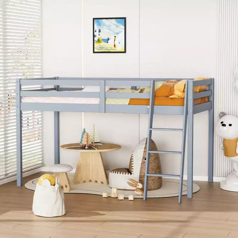 Lit mezzanine Karl Home Gray Wood Junior avec escalier pleine grandeur pour adultes, enfants et jeunes adolescents