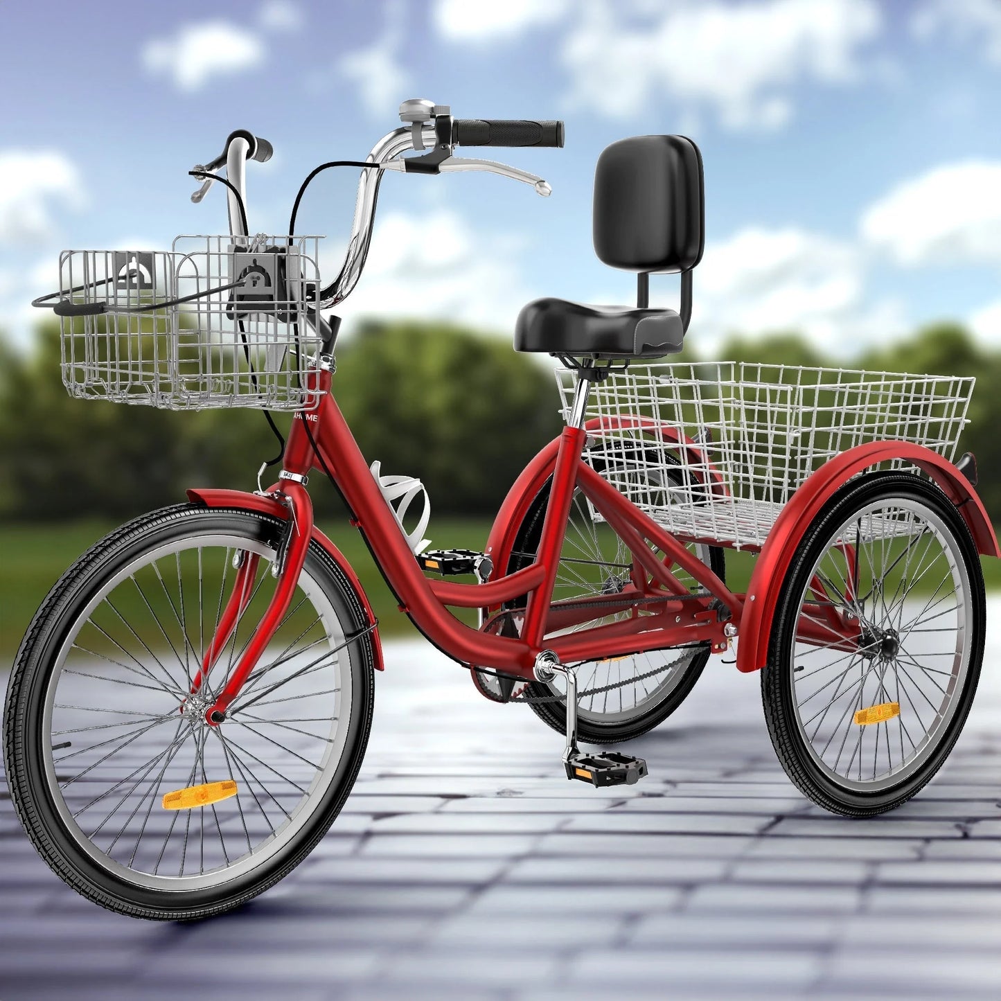 Tricycle adulte bleu 26 pouces à 3 roues avec paniers amovibles