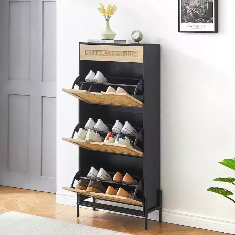 Meuble à chaussures avec 3 tiroirs basculants et 1 tiroir, Organisateur à chaussures en rotin dissimulé avec pieds en métal