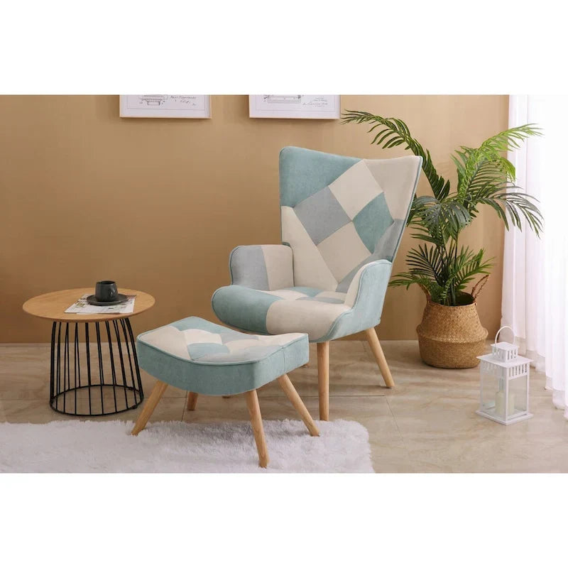 Fauteuil d'appoint avec pouf, ensemble fauteuil et pouf de salon, fauteuil d'appoint confortable pour chambre à coucher, surface en tissu à épissures créatives