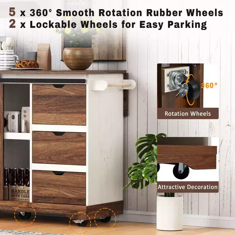 Îlot de cuisine de ferme Whisen 55.5 avec abattant, porte coulissante et station de recharge, design roulant