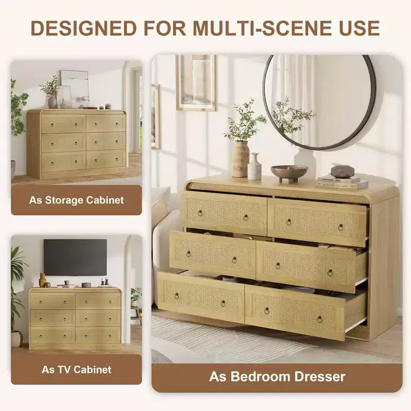 Commode à 6 tiroirs en rotin pour chambre à coucher, commode en bois de 117 cm de large, meuble TV, organisateur de rangement pour vêtements pour salon, noir