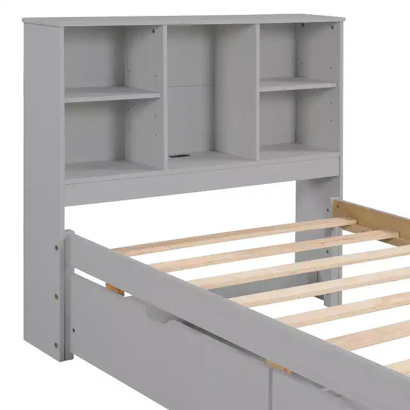 Bellemave Lit plateforme jumeau avec tête de lit bibliothèque et 2 tiroirs de rangement, lit plateforme en panneau de particules avec port de chargement USB