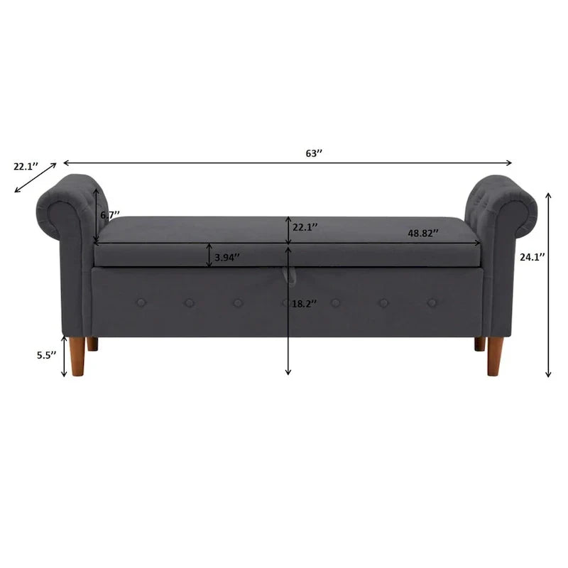 Banc de rangement pour chambre, bout de lit, accoudoirs roulés, canapé ottoman en velours, long banc