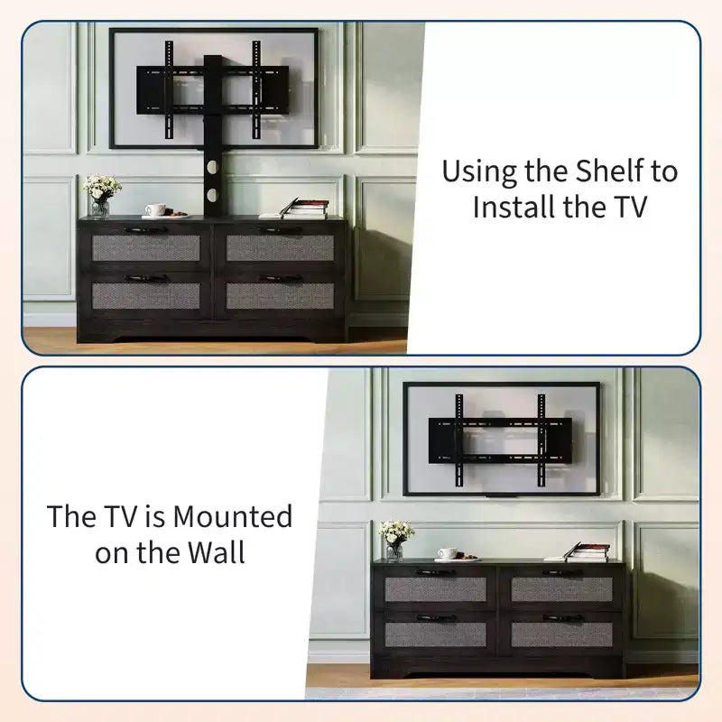Meuble TV bahut de style campagnard pour téléviseurs jusqu'à 70'', 4 tiroirs, portes en rotin, meuble de rangement en bois, console média pour chambre ou salon
