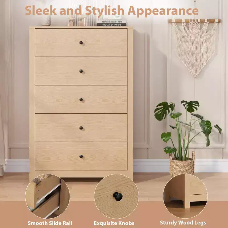 Commode moderne à 5 tiroirs avec rangement profond, coffre en bois élégant pour chambre à coucher, salon, entrée, offrant un grand espace pour une décoration intérieure organisée