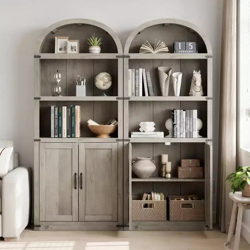 Bibliothèque GustoWave avec portes, étagère arquée de 182 cm de haut, meuble de rangement de style ferme avec étagères, bibliothèques en bois pour bureau à domicile