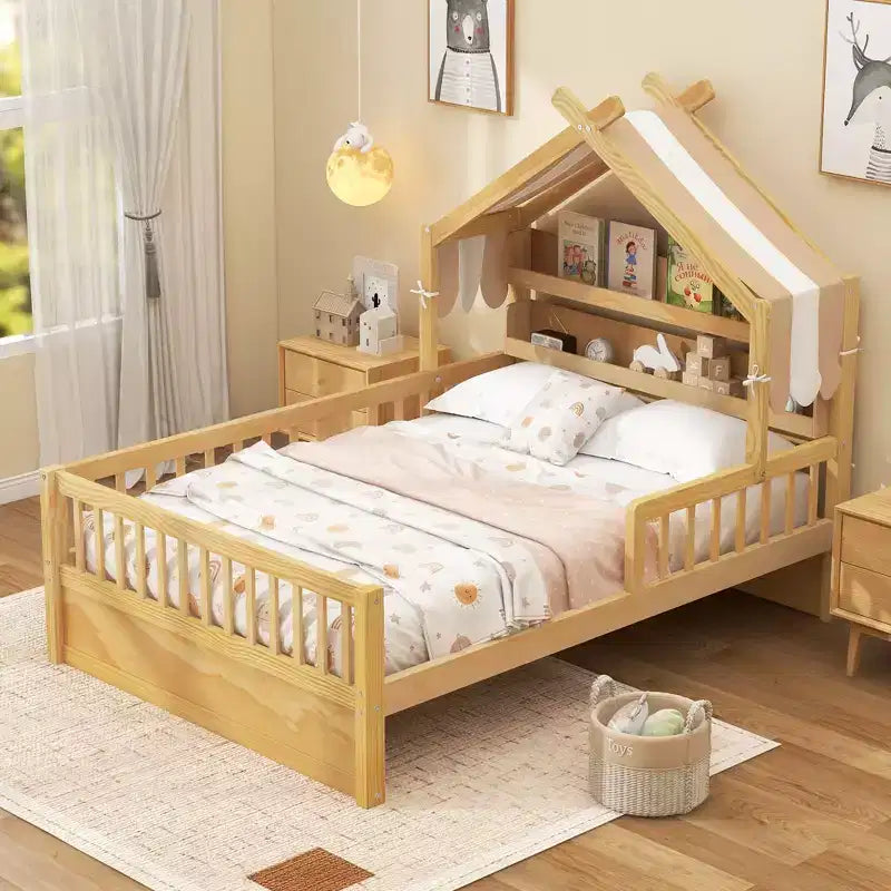 Lit cabane en bois ModernLuxe (taille lit simple/double) avec tête de lit de rangement, cadre de lit pour enfants en pin massif avec barrières de sécurité