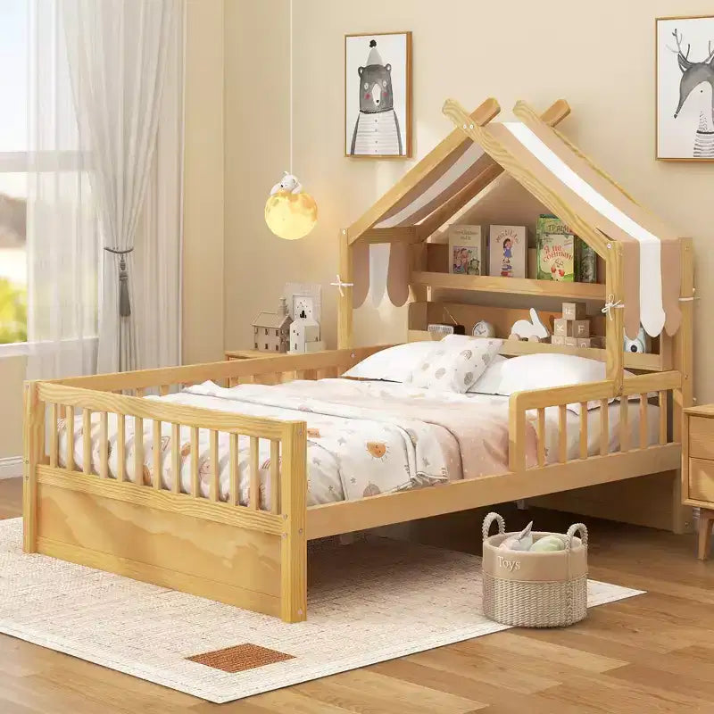 Lit cabane en bois ModernLuxe (taille lit simple/double) avec tête de lit de rangement, cadre de lit pour enfants en pin massif avec barrières de sécurité