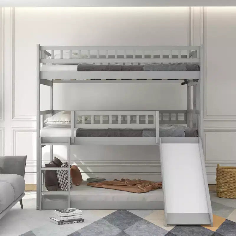 Lit superposé triple pour deux personnes avec échelle convertible et toboggan, lit triple avec barrières de sécurité, blanc/gris/espresso - ModernLuxe