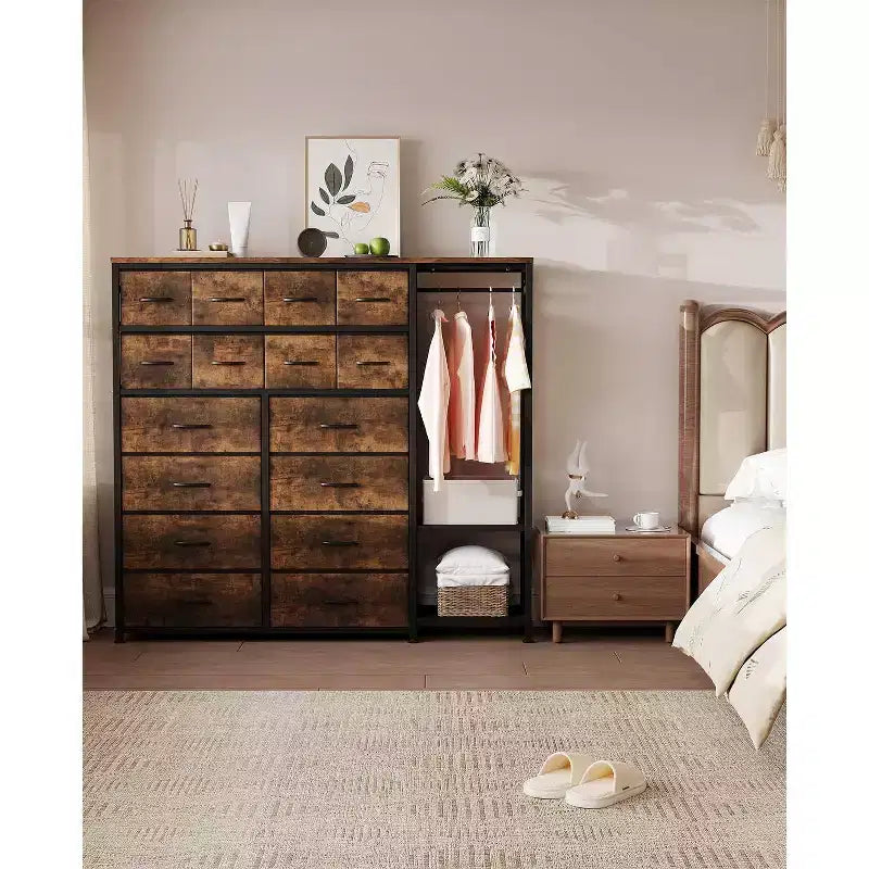 Commode de rangement avec 16 tiroirs, tringle à vêtements et étagères, organisateur de rangement en tissu pour chambre à coucher, placard ou entrée