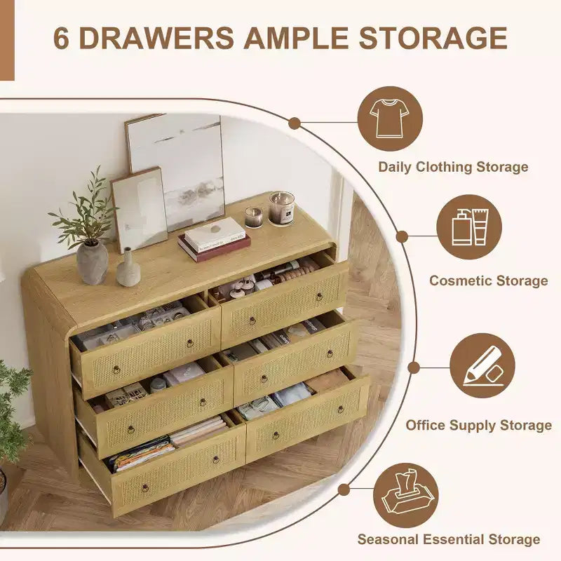Commode à 6 tiroirs en rotin pour chambre à coucher, commode en bois de 117 cm de large, meuble TV, organisateur de rangement pour vêtements pour salon, noir