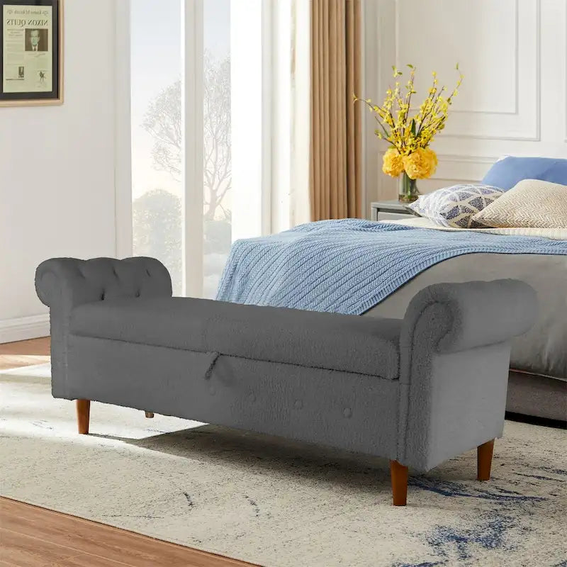 Banc de rangement pour chambre, bout de lit, accoudoirs roulés, canapé ottoman en velours, long banc