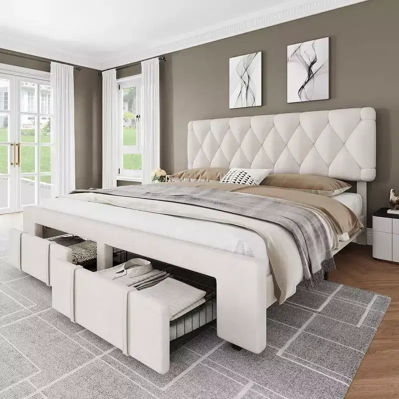 Cadre de lit plateforme capitonné beige DobleePy avec tiroirs de rangement, support à lattes en bois, pas besoin de sommier, assemblage facile