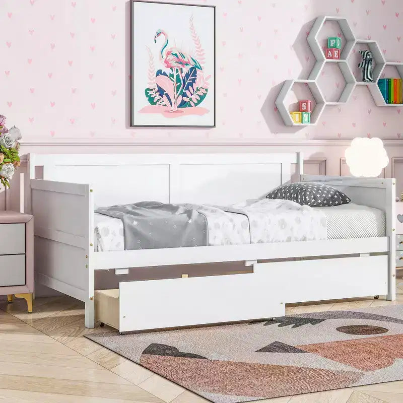 Lit de repos double avec deux tiroirs de rangement, Lit plateforme en bois avec rangement pour chambre à coucher