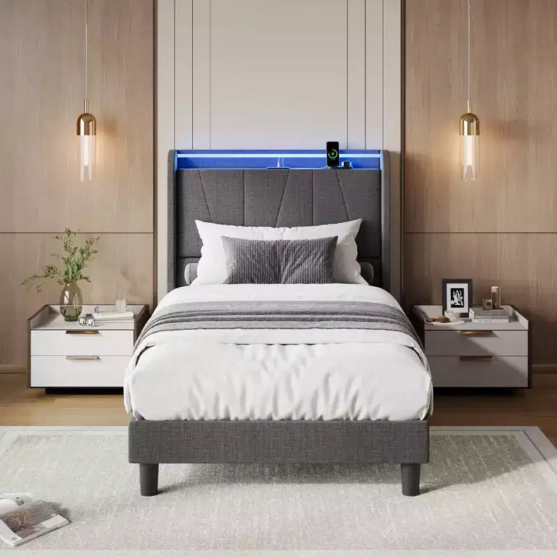 Cadre de Lit CuisinSmart avec Tête de Lit, Plateforme Capitonnée en Tissu Moderne, Cadre de Lit Ne Nécessitant Pas de Sommier Tapissier, Silencieux, Montage Facile