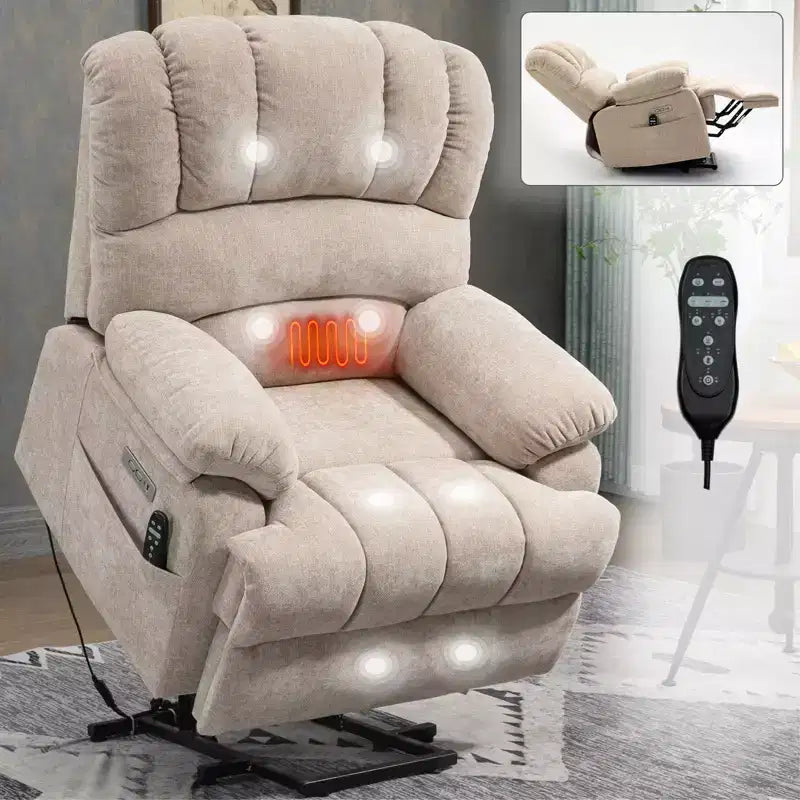 CLIHOME Fauteuil inclinable électrique releveur en chenille grande taille, largeur d'assise 23 pouces et dossier haut, avec massage vibrant 8 points et chauffage lombaire