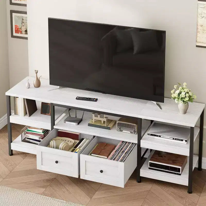 Meuble TV rustique de 180 cm avec rangement - Pour téléviseurs jusqu'à 75 pouces, 2 tiroirs et étagères ouvertes, meuble TV de style industriel avec cadre en métal