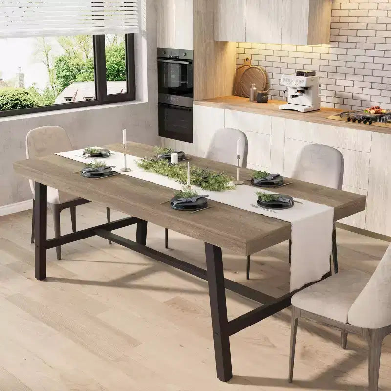 Table de salle à manger de 180 cm pour 6-8 personnes, grande table rectangulaire industrielle avec plateau en bois et pieds en métal pour cuisine et salle à manger, grise
