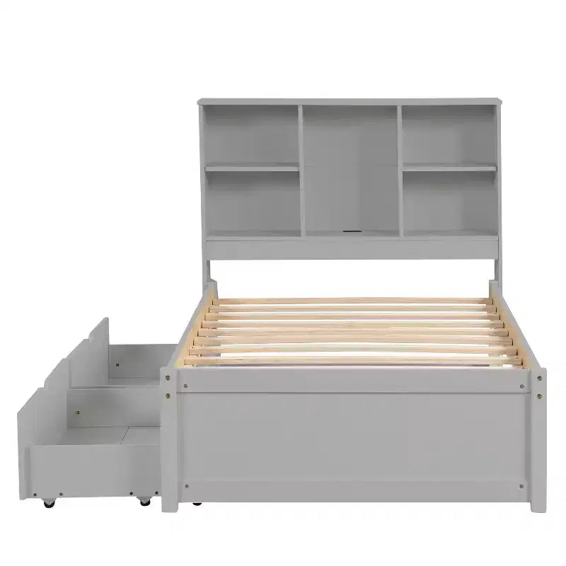 Bellemave Lit plateforme jumeau avec tête de lit bibliothèque et 2 tiroirs de rangement, lit plateforme en panneau de particules avec port de chargement USB